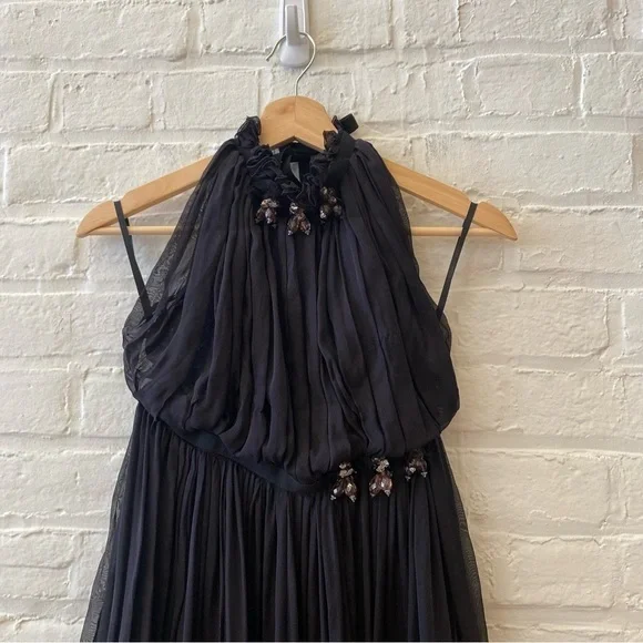 D&G Dolce & Gabbana || High Neck Halter Ruffle Dress Embellished Silk Black 42 6 - Picture 3 of 10